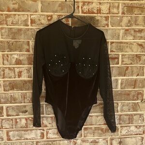 Neiman Marcus Natori Black Embellished Velvet Sheer Bodysuit
